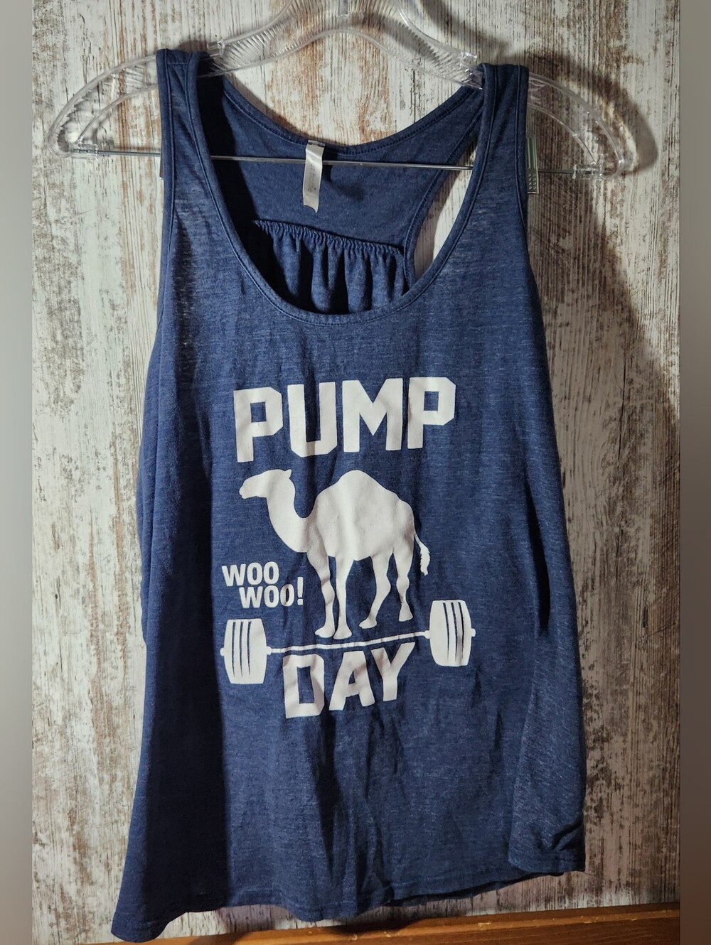 "Pump Day" Camel Workout Racerback Graphic Tank Top - Dark Blue Heather XL
